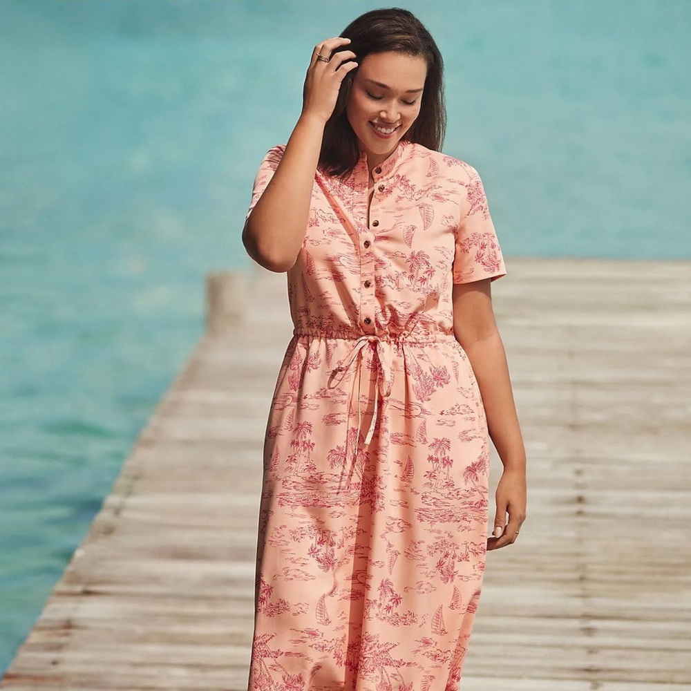 Lands' End Women's Rayon Short Sleeve Button Front Dress - peach/pink Island⛱️
